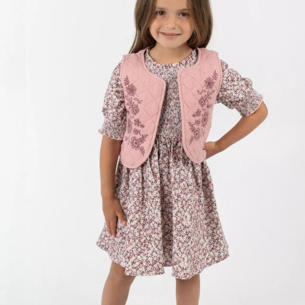 NWT Rare Editions Girls Floral Corduroy Dress with Quilted Vest 2pc size 6X